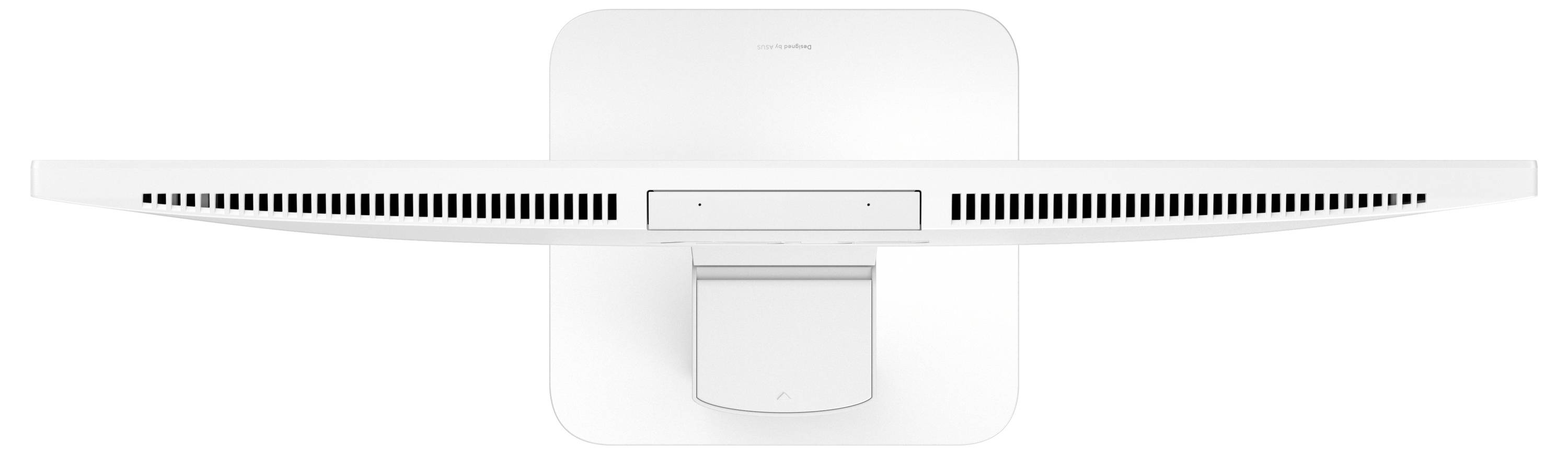 Draufsicht auf einen weißen Computermonitor mit gekrümmtem Bildschirm, die ein belüftetes Design und eine zentrale Standbefestigung zeigt.