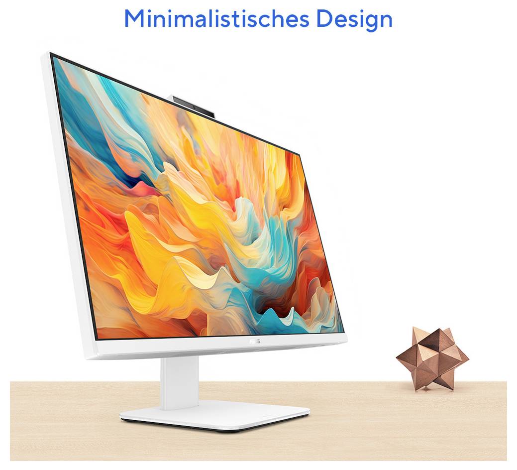 Ein eleganter weißer Monitor, der leuchtende abstrakte Kunst auf einem Holzschreibtisch zeigt, mit dem Text „Minimalistisches Design