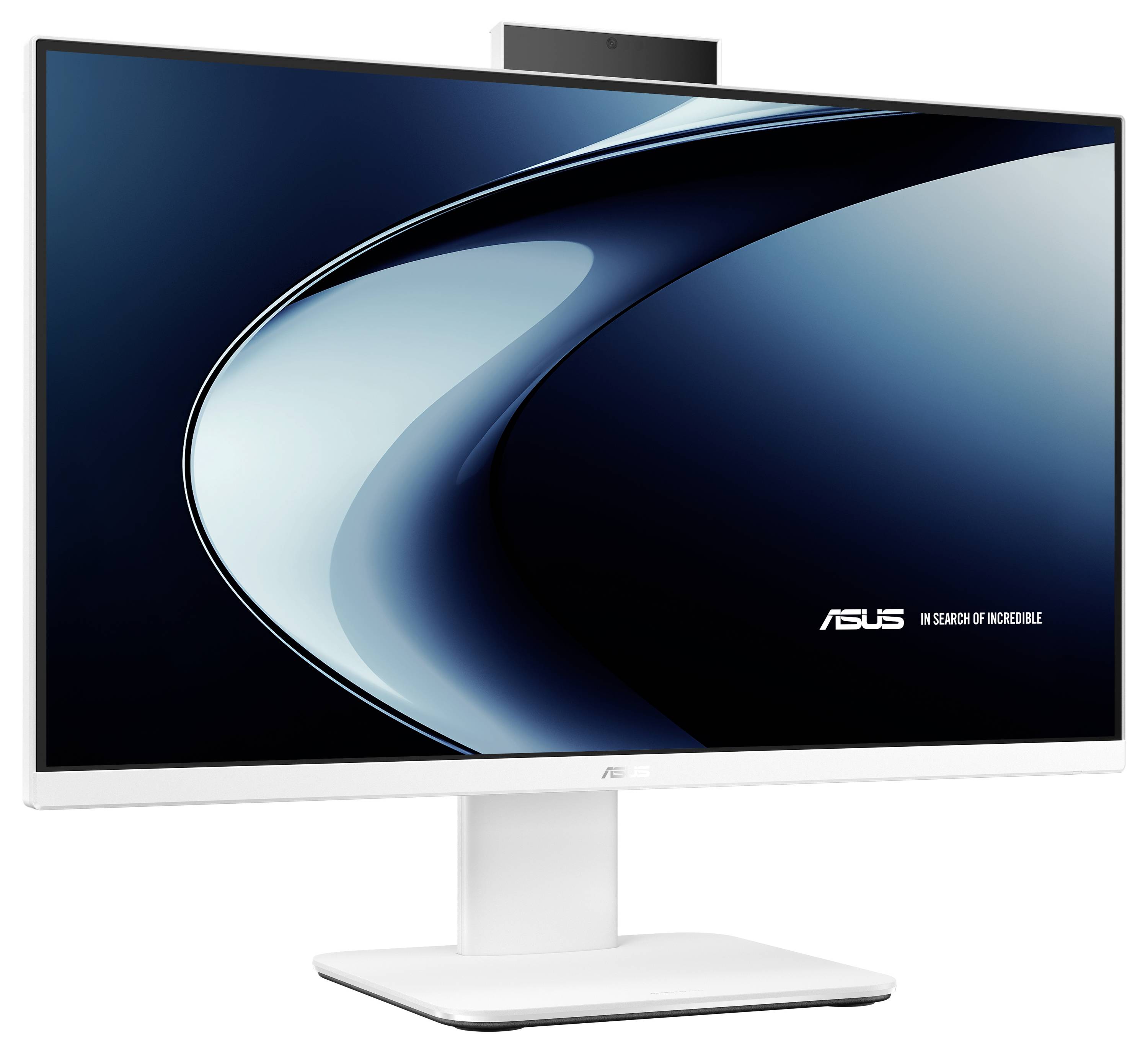 Ein Computermonitor mit schlankem, minimalem Design, der eine stilisierte geschwungene Linie auf einem dunklen Bildschirm anzeigt, mit dem Text „ASUS In Search of Incredible