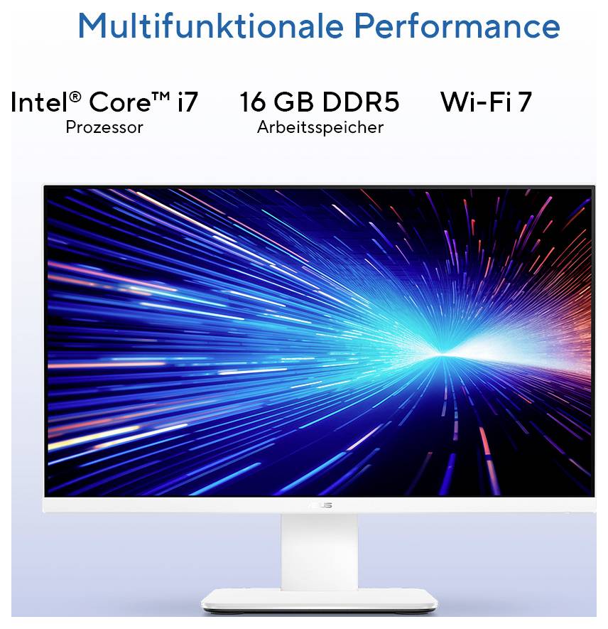 Ein Computerbildschirm mit blauen und rosa Lichtstrahlen. Zu den Merkmalen gehören 'Intel Core i7 Prozessor', '16 GB DDR5 Arbeitsspeicher', 'Wi-Fi 7'.