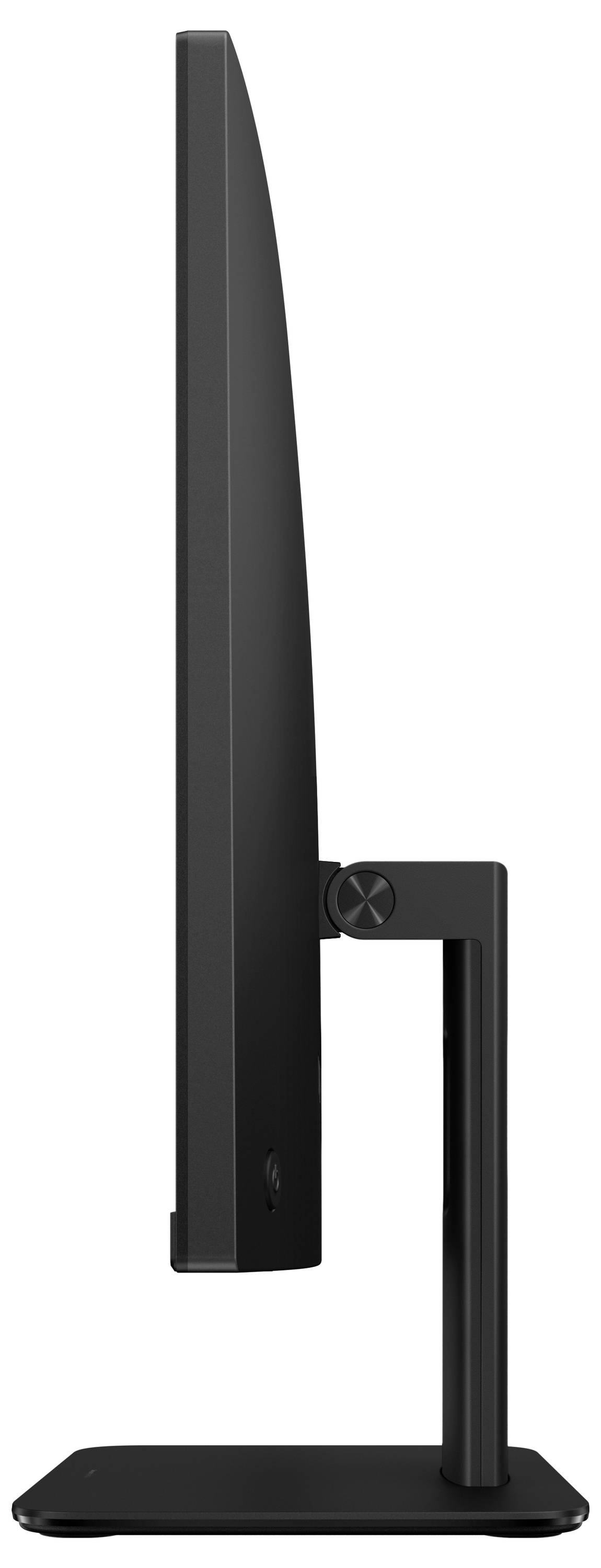 Eine Seitenansicht eines modernen, dünnen, schwarzen Computermonitors auf einem rechteckigen Ständer, der sein schlankes Profil und elegantes Design präsentiert.