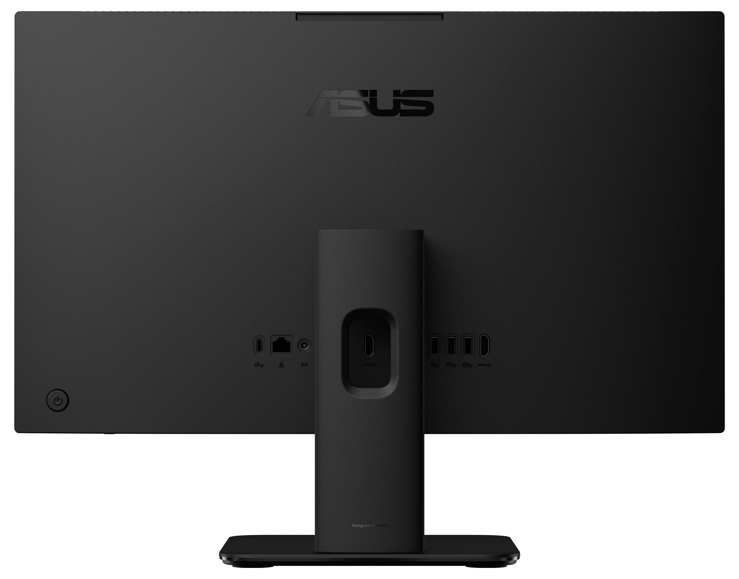 Luftaufnahme eines Computermonitors, der die obere Kante mit Belüftungsschlitzen zeigt, an einem Ständer befestigt, alles in Schwarz.