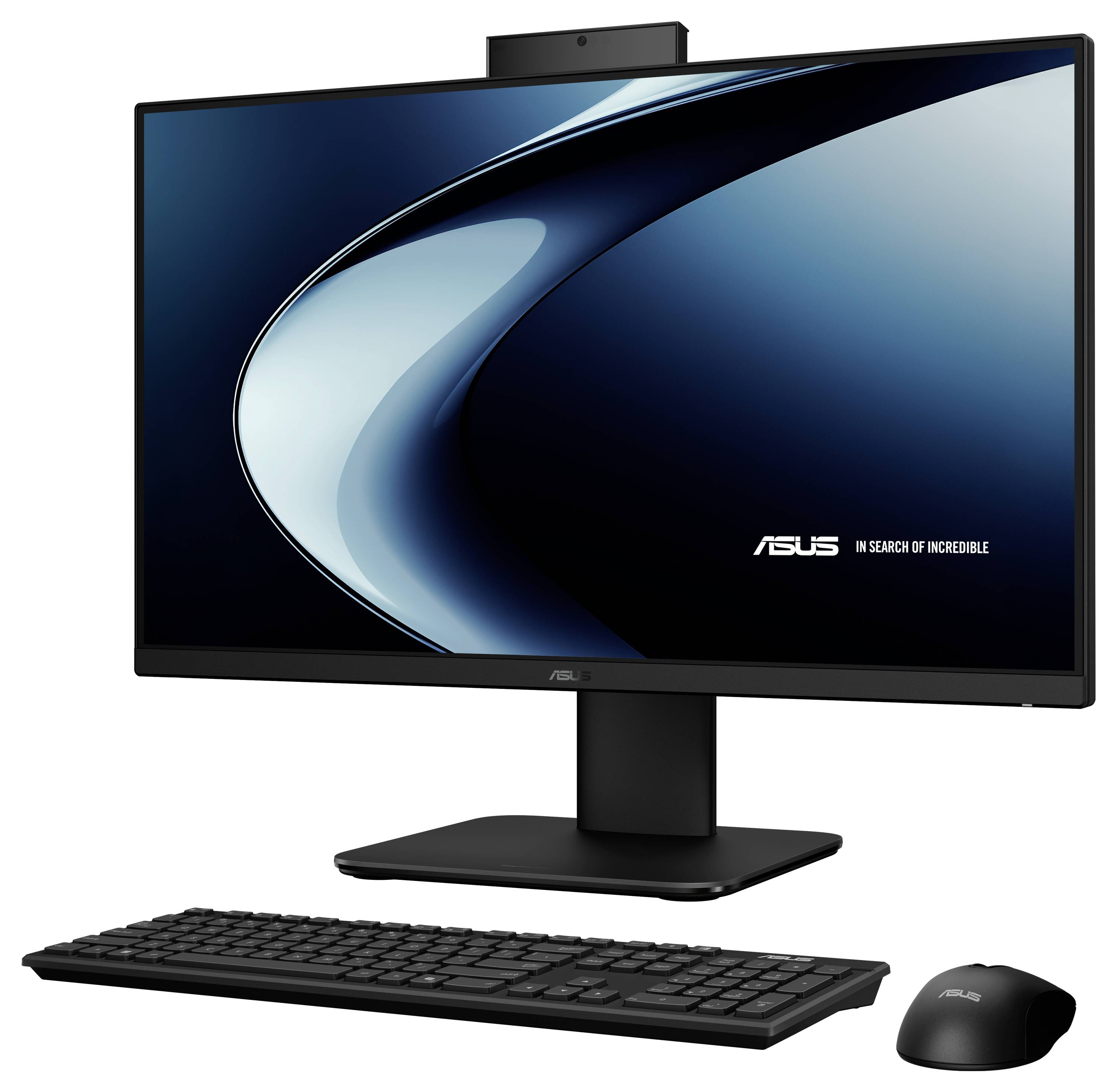 Ein eleganter All-in-One-Desktop-Computer mit großem Monitor, kabelloses Tastatur und Maus. Der Bildschirm zeigt ein blaues abstraktes Design.