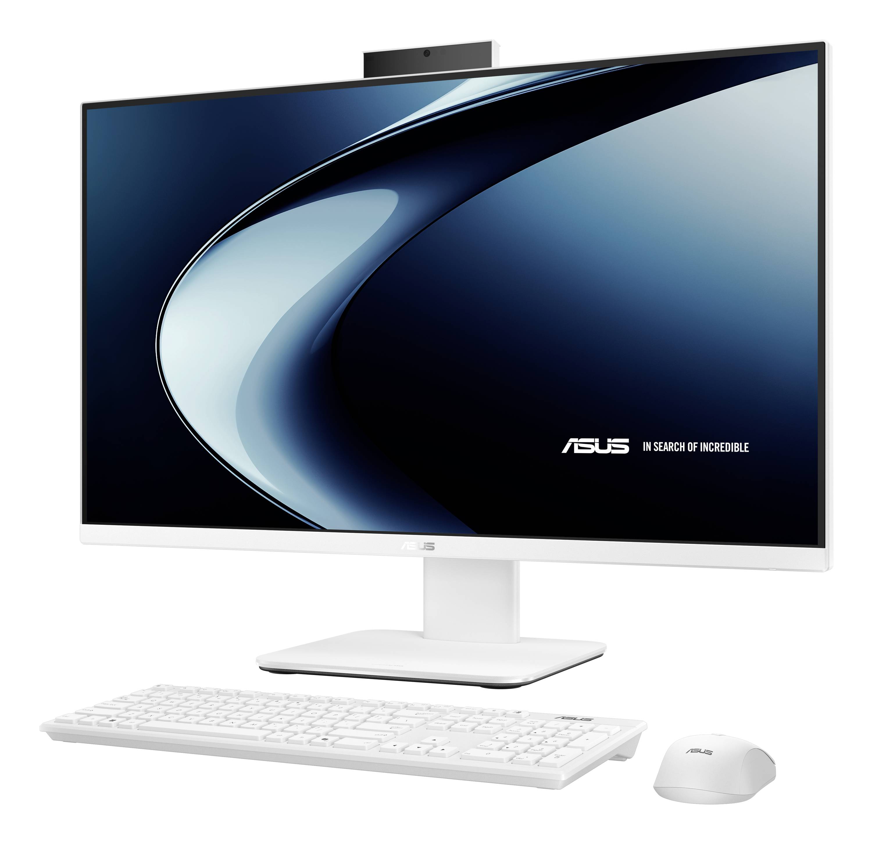Ein ASUS All-in-One-Computer mit einem Breitbildmonitor, Tastatur und Mausset. Der Monitor zeigt das ASUS-Logo und den Slogan an.