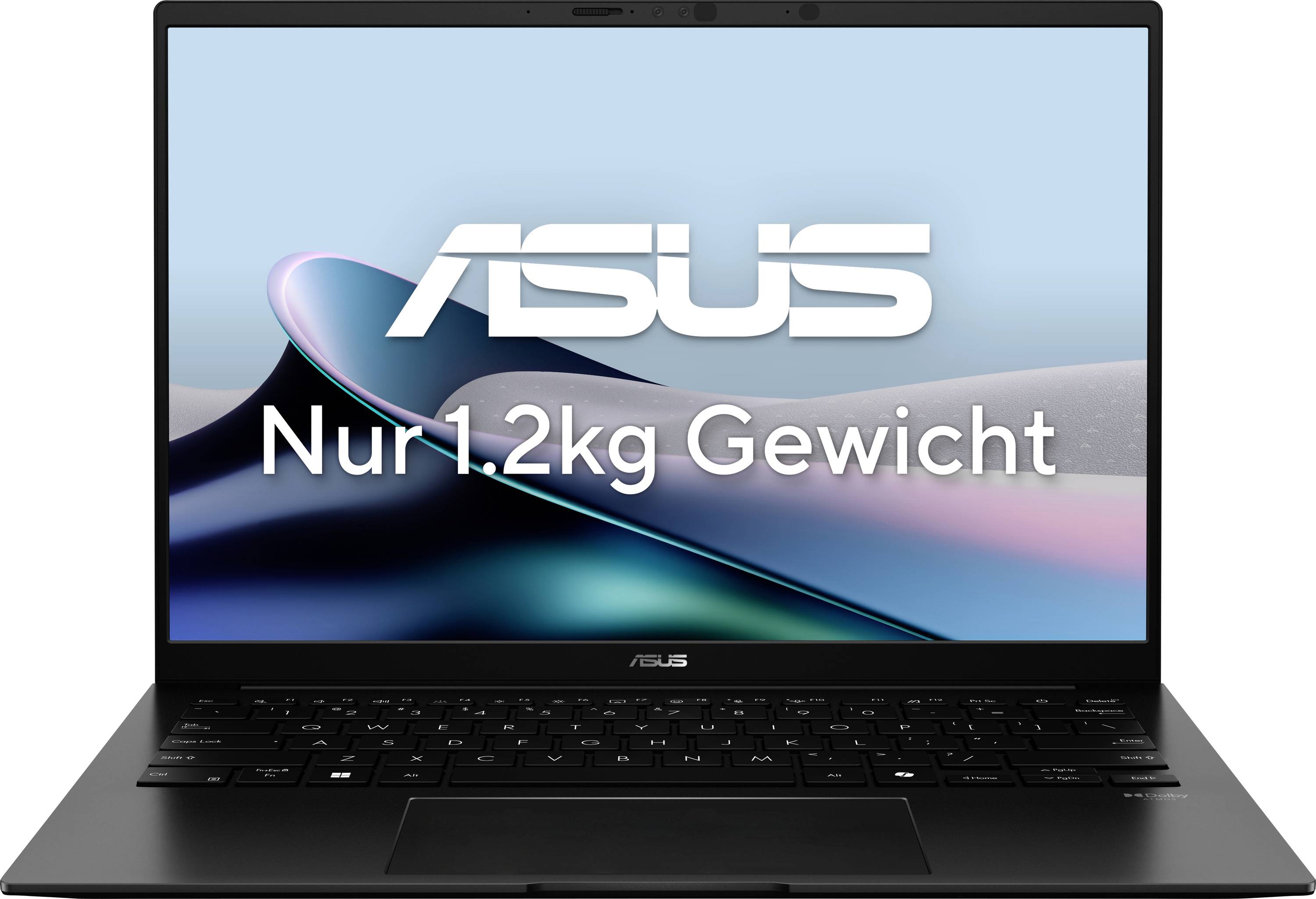 Leichtes ASUS-Notebook mit der Aufschrift 'Nur 1,2kg Gewicht' auf dem Bildschirm, betont die Tragbarkeit des Geräts.