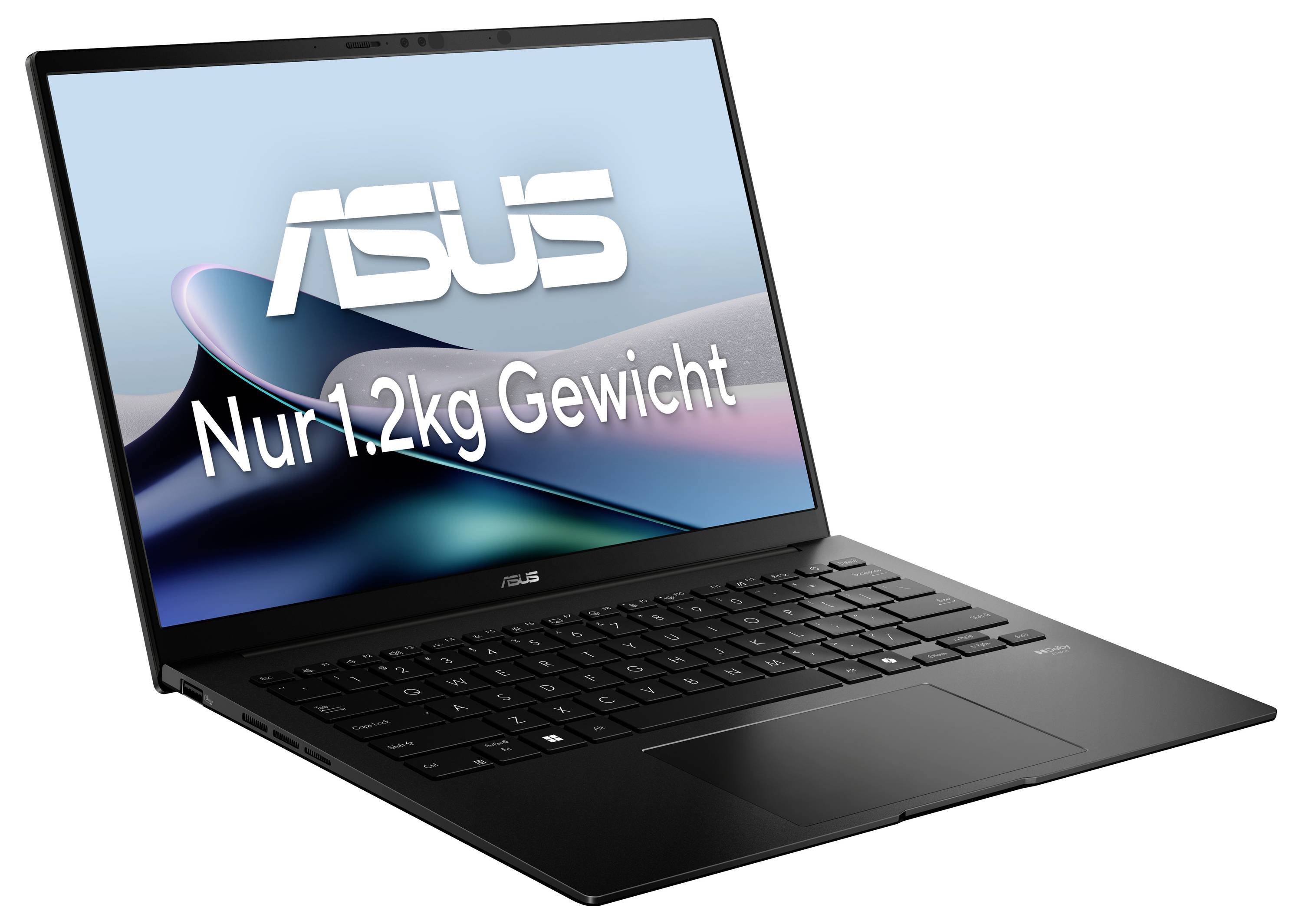 Ein ASUS Laptop mit der Aufschrift 'Nur 1,2 kg Gewicht' auf dem Bildschirm. Schlankes Design mit schwarzer Tastatur.