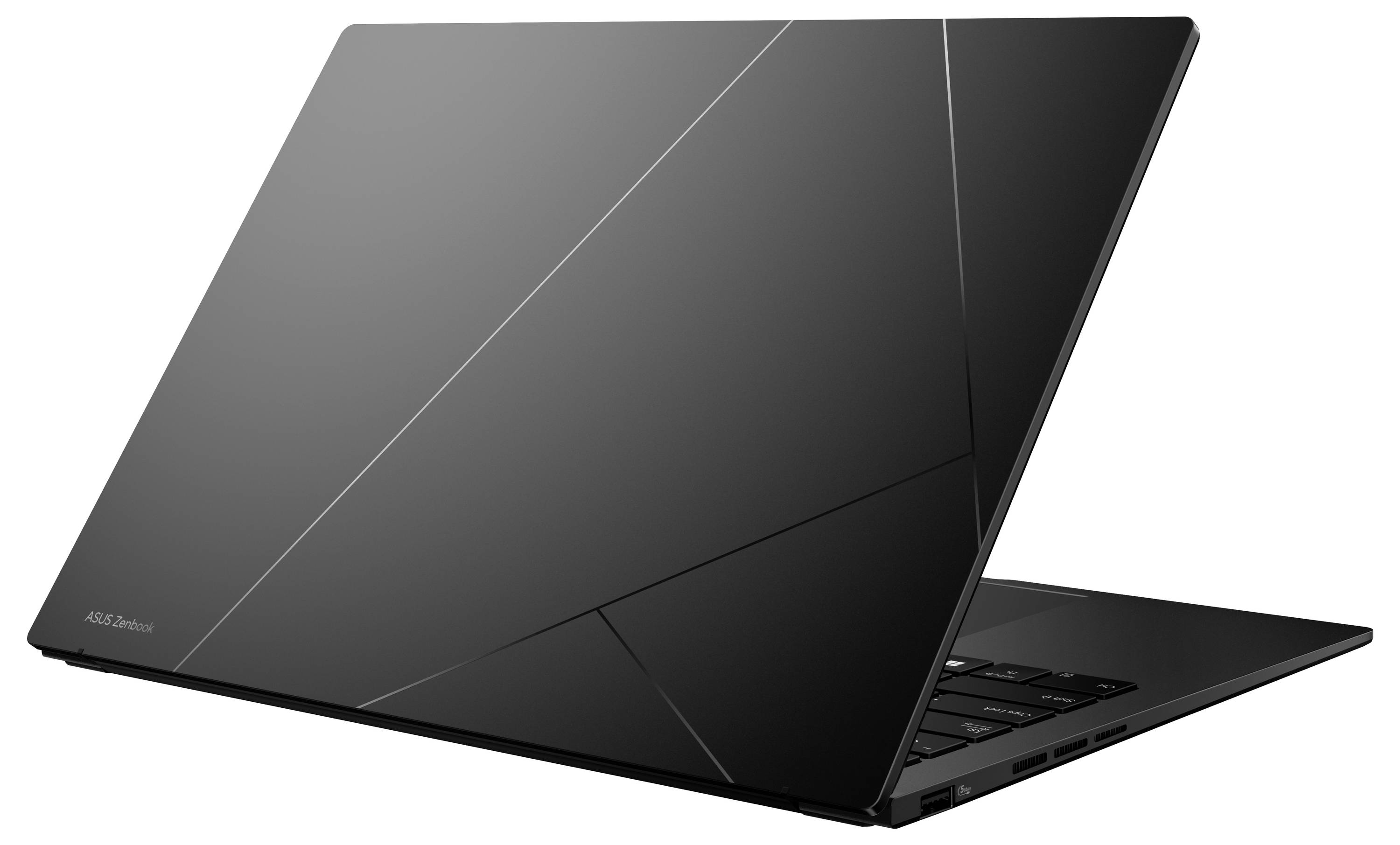 Schwarzer Asus-Laptop, teilweise geöffnet, von der hinteren linken Seite auf weißem Hintergrund fotografiert.