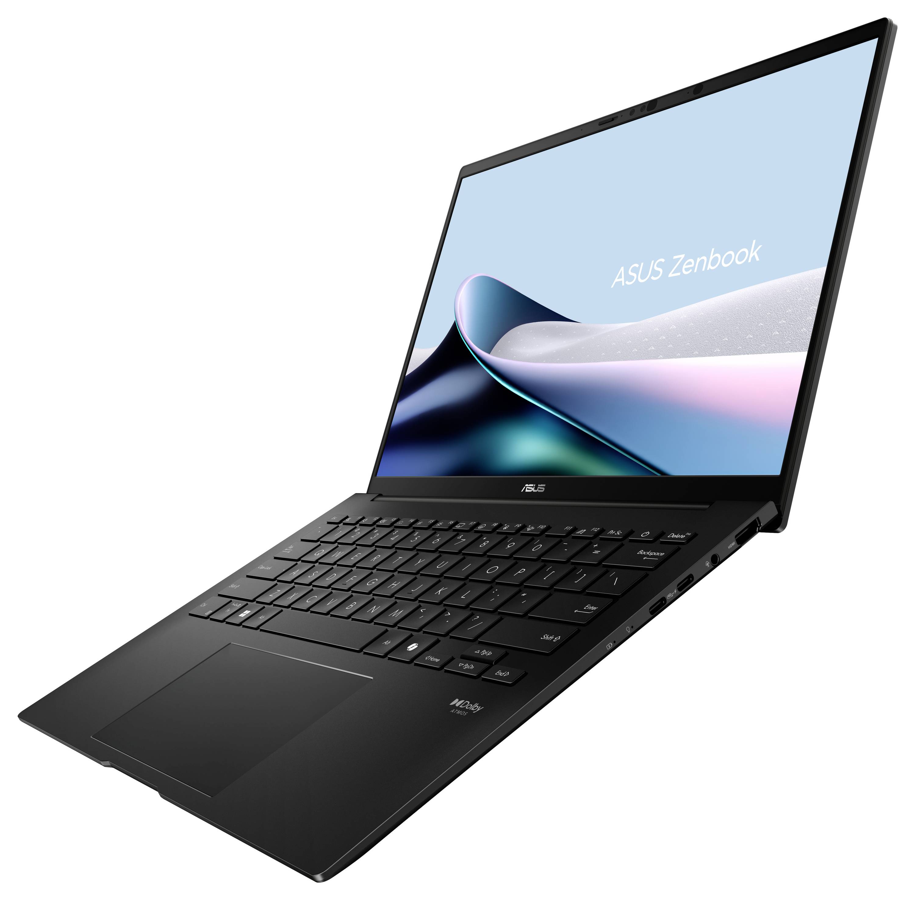 Schwarzes ASUS Zenbook-Laptop in schräger Position, zeigt den Bildschirm und die Tastatur auf weißem Hintergrund.