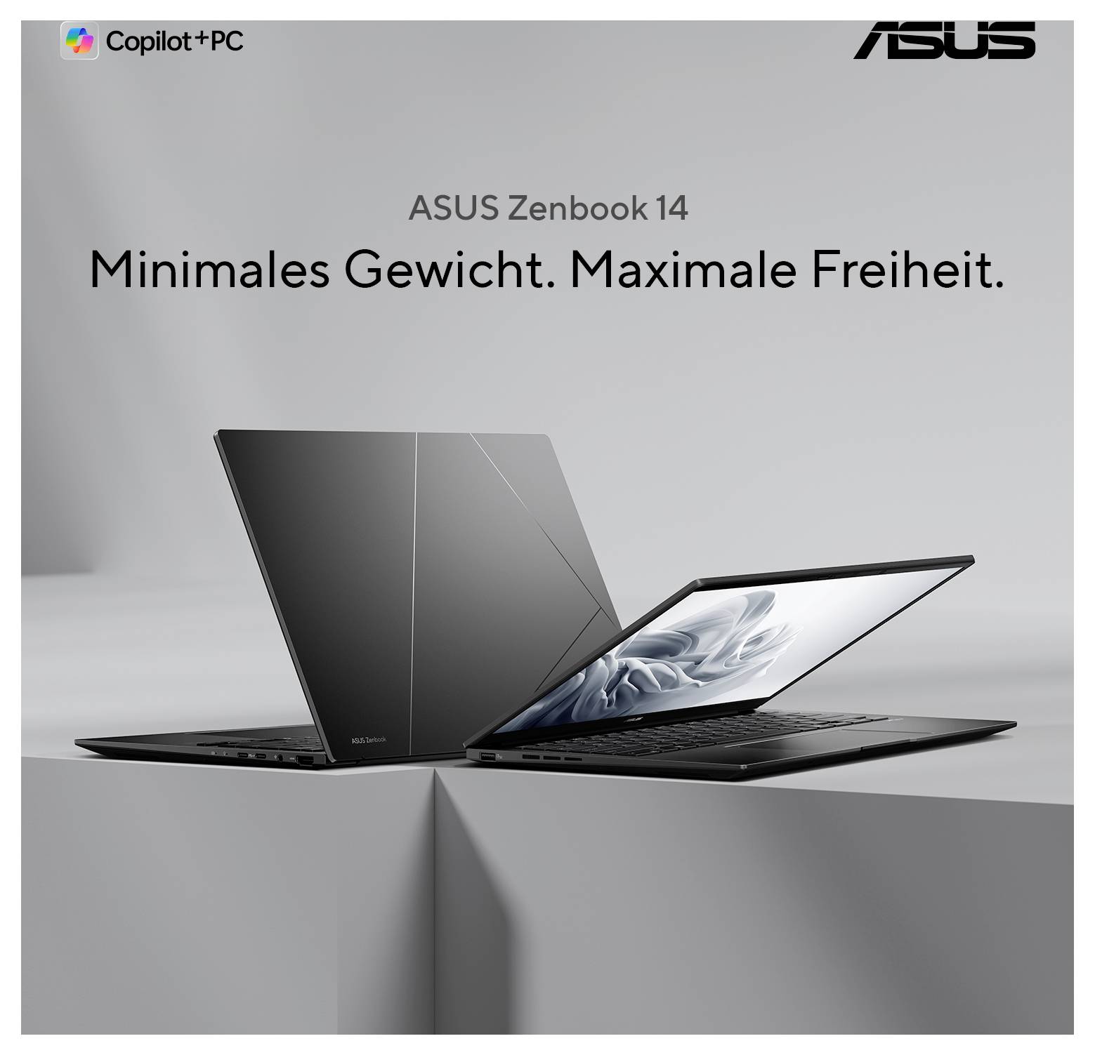 Zwei Laptops der Marke ASUS Zenbook 14 stehen Rücken an Rücken auf einem Tisch. Text: 'Minimales Gewicht. Maximale Freiheit.'