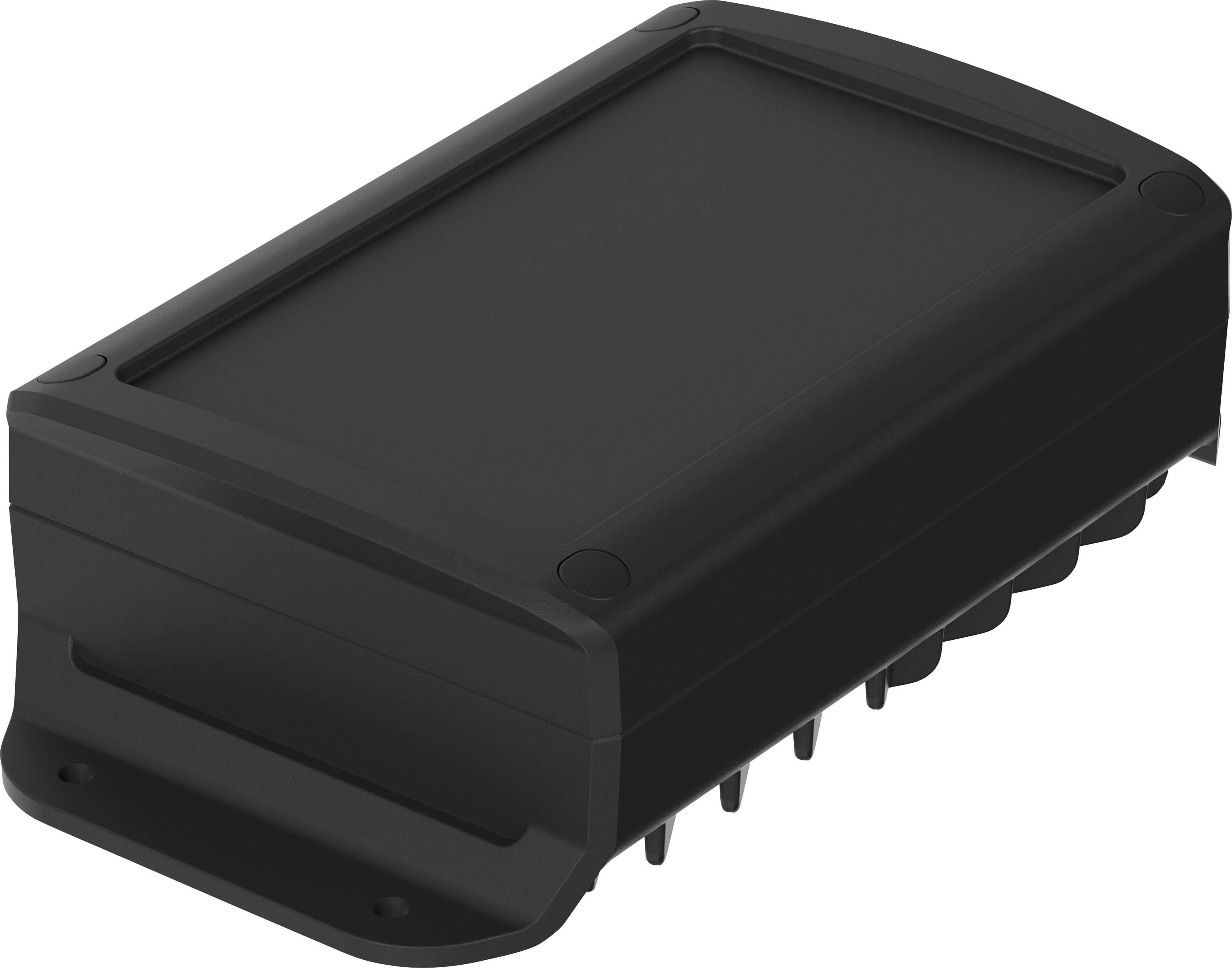 Ein schwarzes rechteckiges elektronisches Gerät mit glatter Oberseite und Befestigungslöchern, möglicherweise für industrielle oder Automobilanwendungen genutzt.