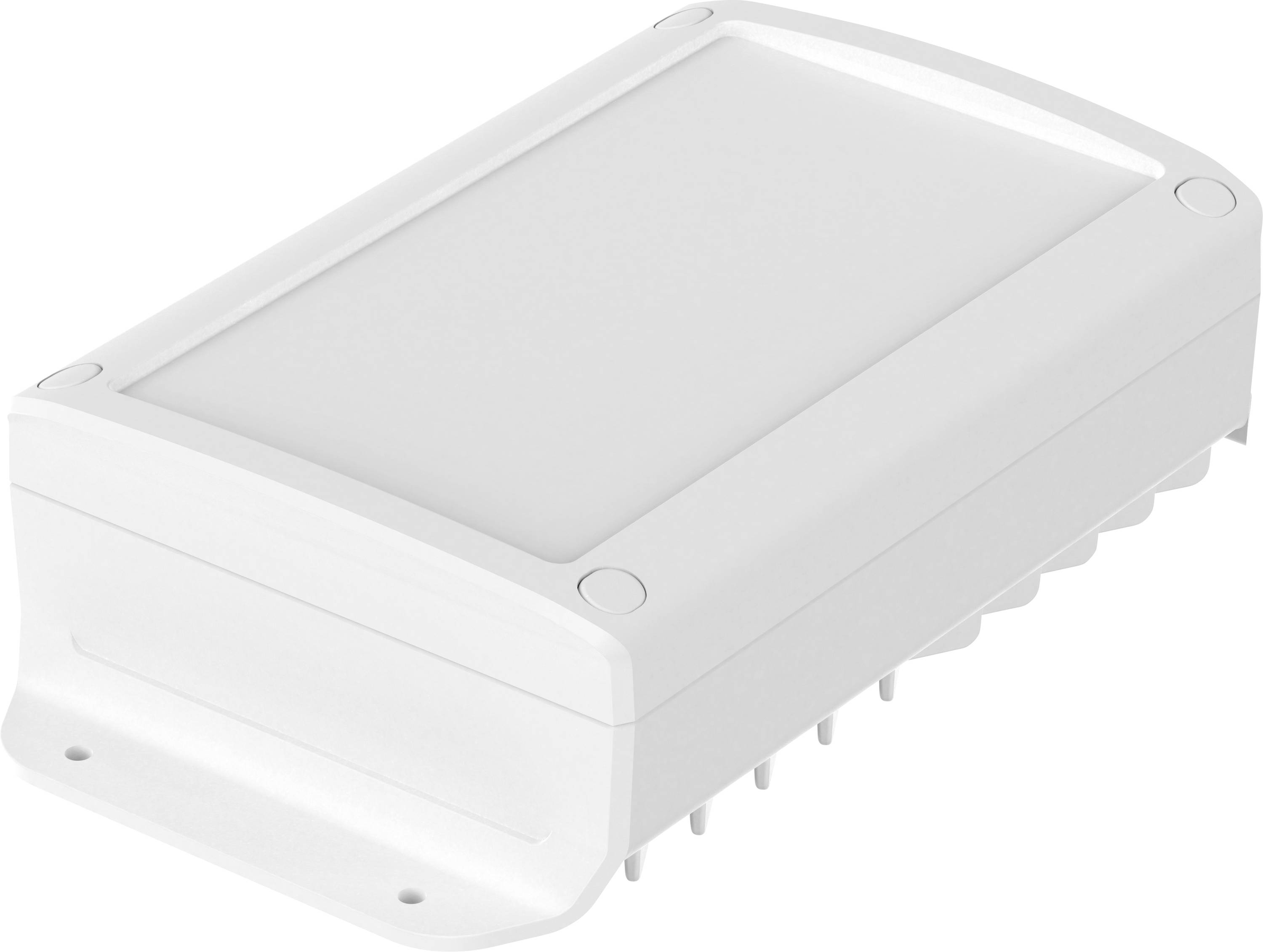 Ein rechteckiges weißes Kunststoffgehäuse mit abgeschrägten Kanten, konzipiert zur Unterbringung elektronischer Komponenten, mit flacher Oberseite und Montageklammern.