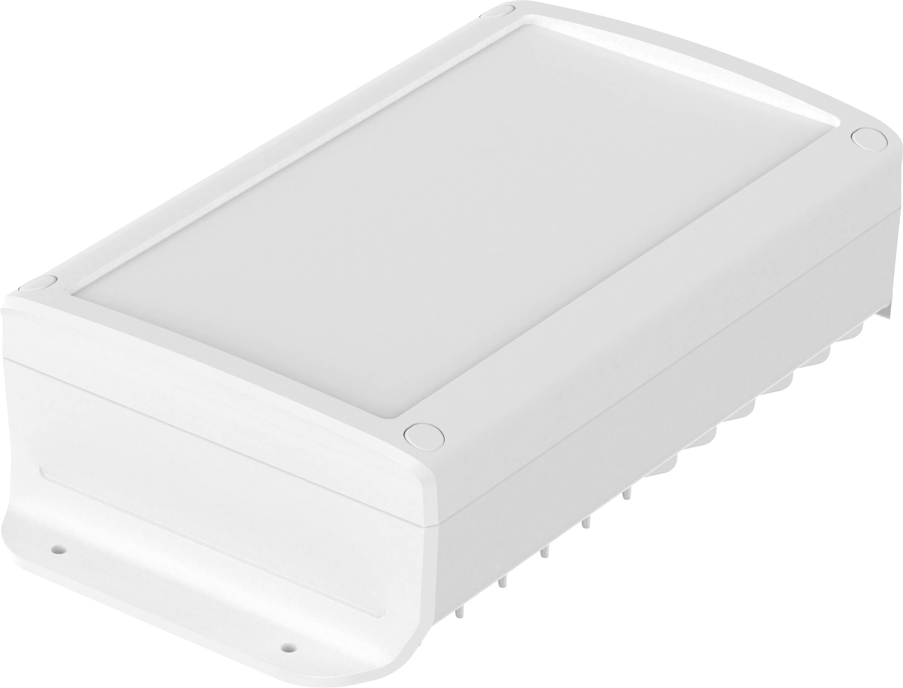 Ein weißes, rechteckiges elektronisches Gerät mit einer flachen Oberseite und abgerundeten Kanten, wahrscheinlich ein Router oder ähnliche Ausrüstung.
