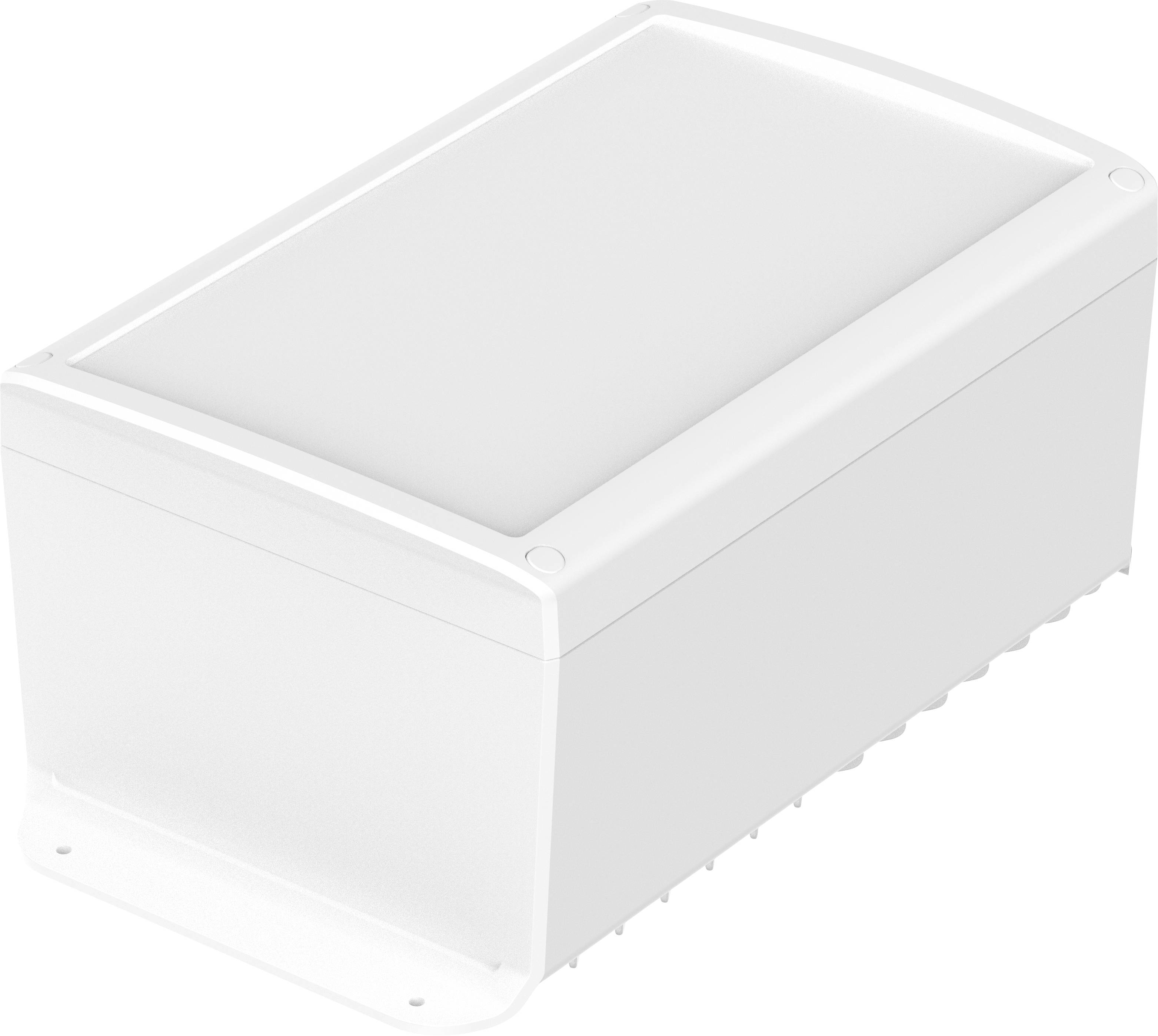 Weißes rechteckiges Kunststoffgehäuse mit Deckel und Montageflansche, typischerweise zur Unterbringung elektronischer Komponenten verwendet.