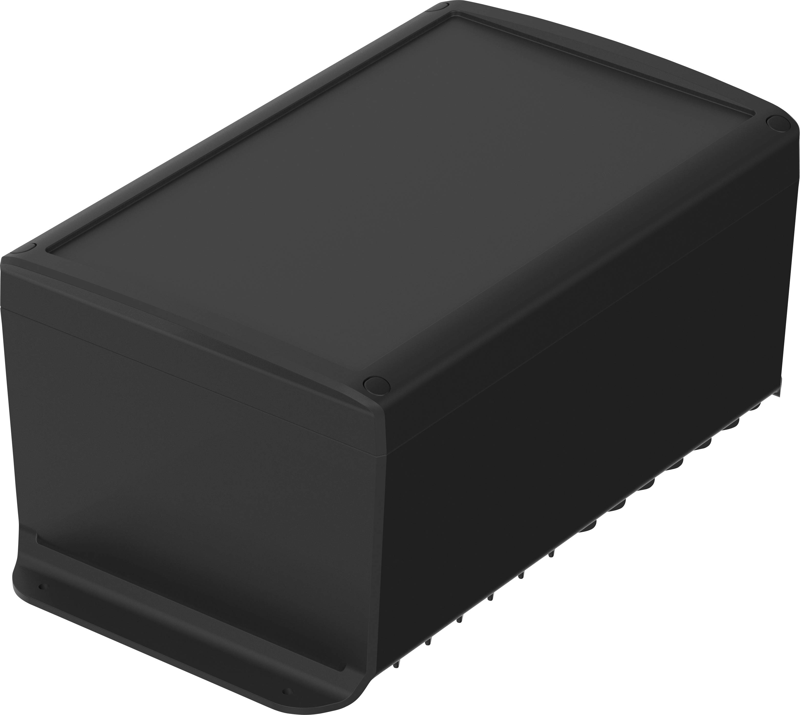 Ein schwarzes, rechteckiges Kunststoff-Elektronikgehäuse mit Deckel, leicht angewinkelt.