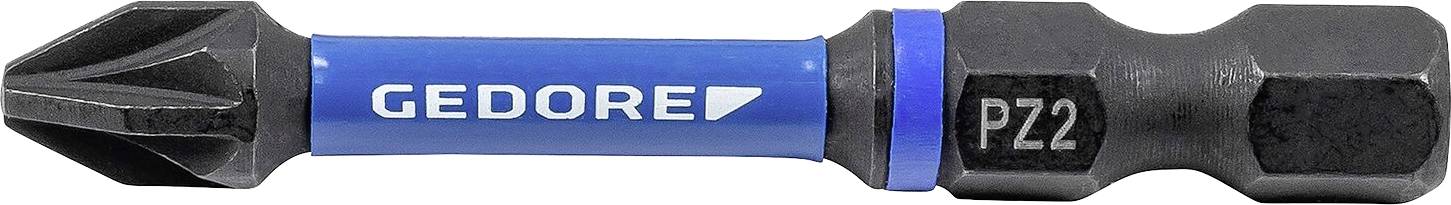 Ein blau und schwarz gefärbter 'GEDORE' PZ2 Schraubendreherbit mit sechskantiger Basis, entwickelt für Phillips-Schrauben, wird horizontal gezeigt.