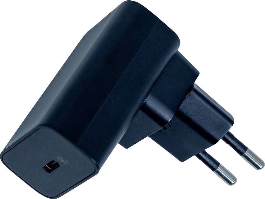 Ein schwarzes USB-Wandladegerät mit zwei europäischen Steckerkontakten, das zum Aufladen elektronischer Geräte ausgelegt ist.
