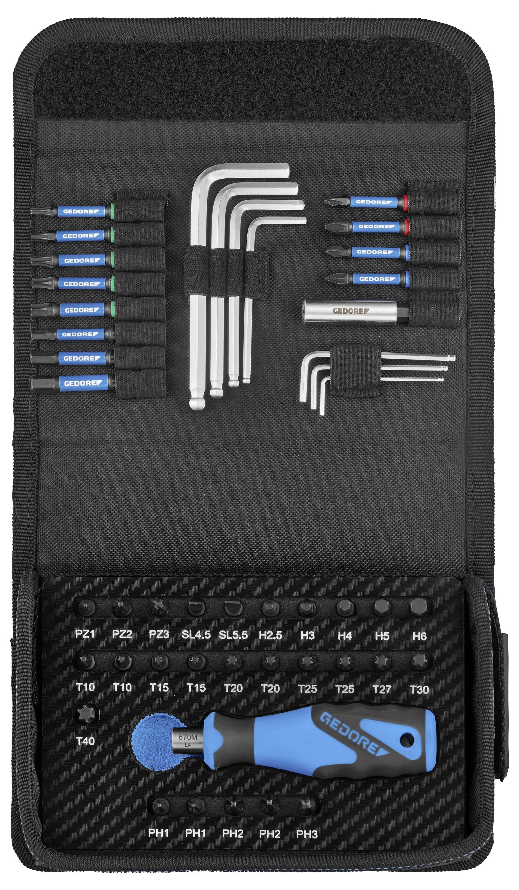 Schwarze Werkzeugtasche mit Reißverschluss mit GEDORE Schraubendreher und Sechskantschlüsselsatz, einschließlich metrischer und Torx-Bits sowie Griffe, ordentlich in Taschen organisiert.