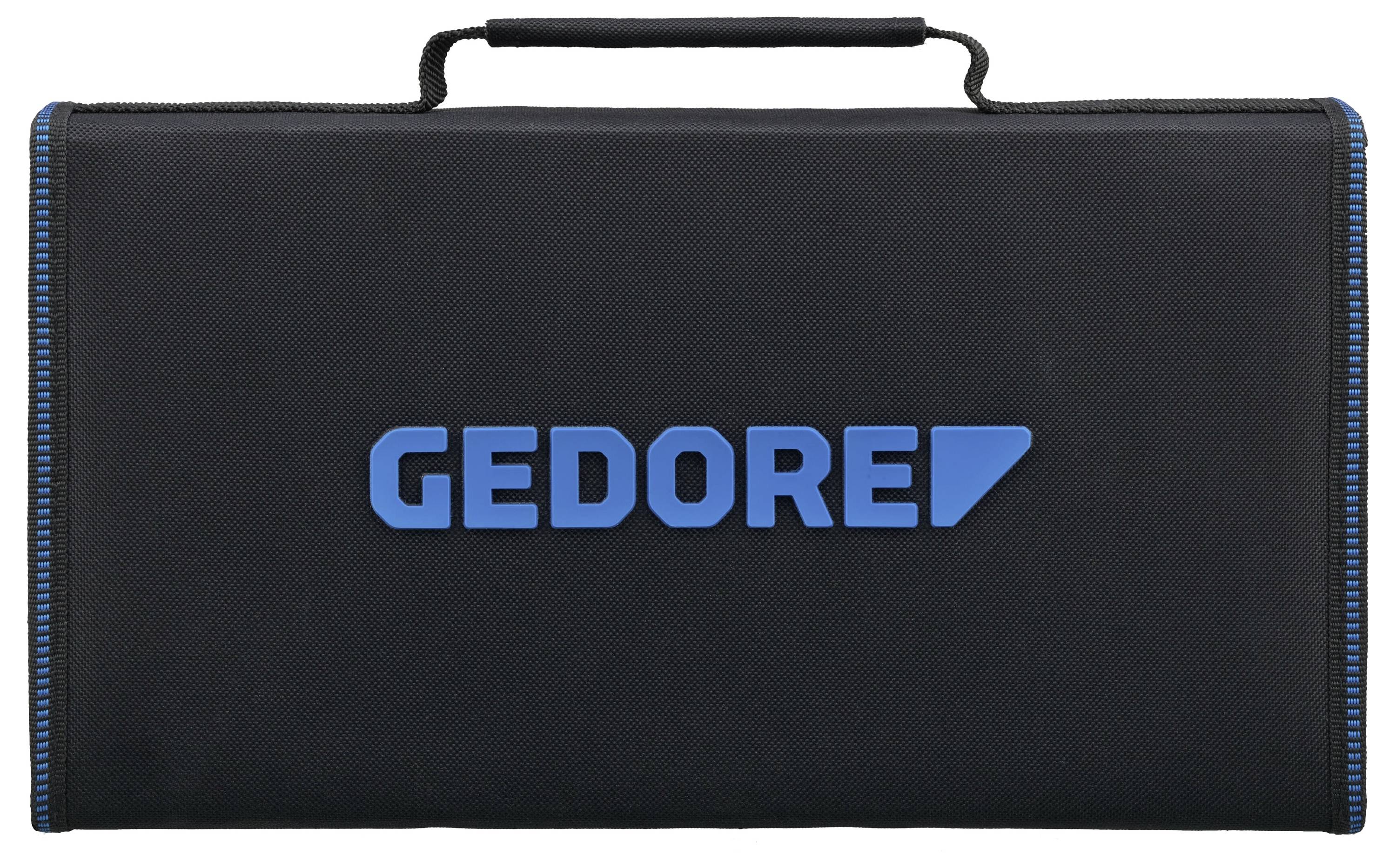 'GEDORE' Werkzeugkoffer mit blauem Logo, schwarzem Außenbereich und Tragegriff.