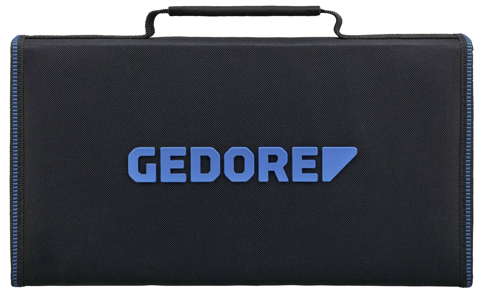 Schwarzer GEDORE Werkzeugkasten mit Tragegriff und blauem Markenlogo in der Mitte der Vorderseite.