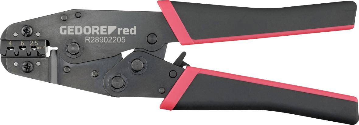 Ein Paar GEDORE-Presszangen in Rot mit rot-schwarzem Griff, verwendet zum Crimpen verschiedener Drahtverbinder, Modell R28902205.