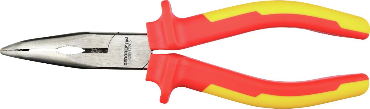 Isolierte rot und gelbe Zangen für Elektroarbeiten, mit metallischer Nase und Gummigriffen für Sicherheit und Komfort.