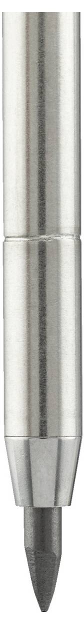 Silver pen tip close-up showing the nib and part of the barrel.