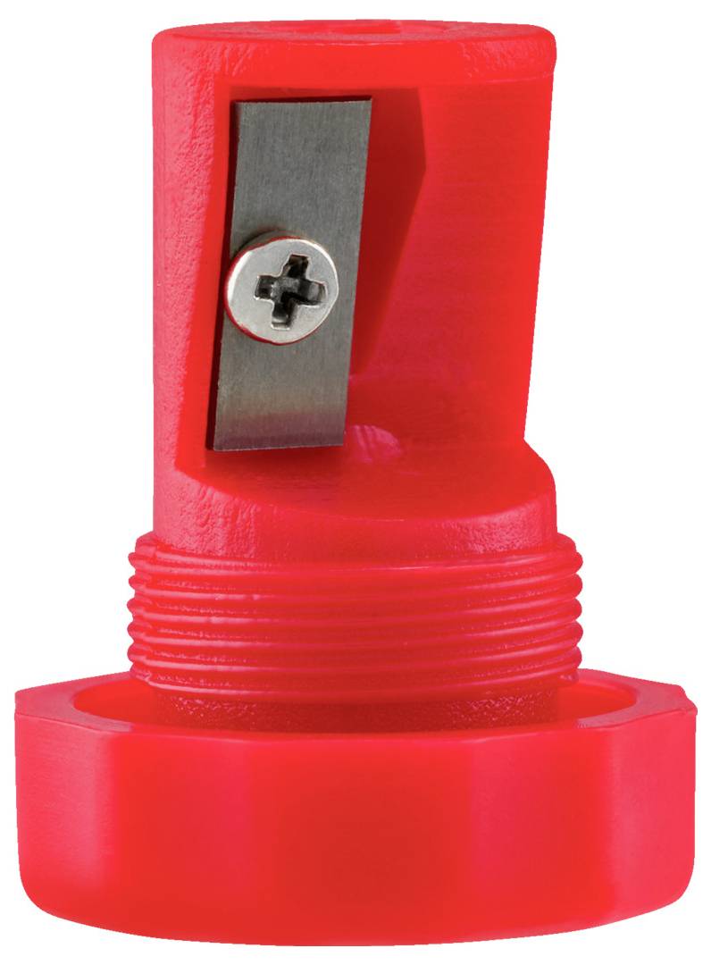 Red plastic pencil sharpener with a metal blade and a hexagonal base.