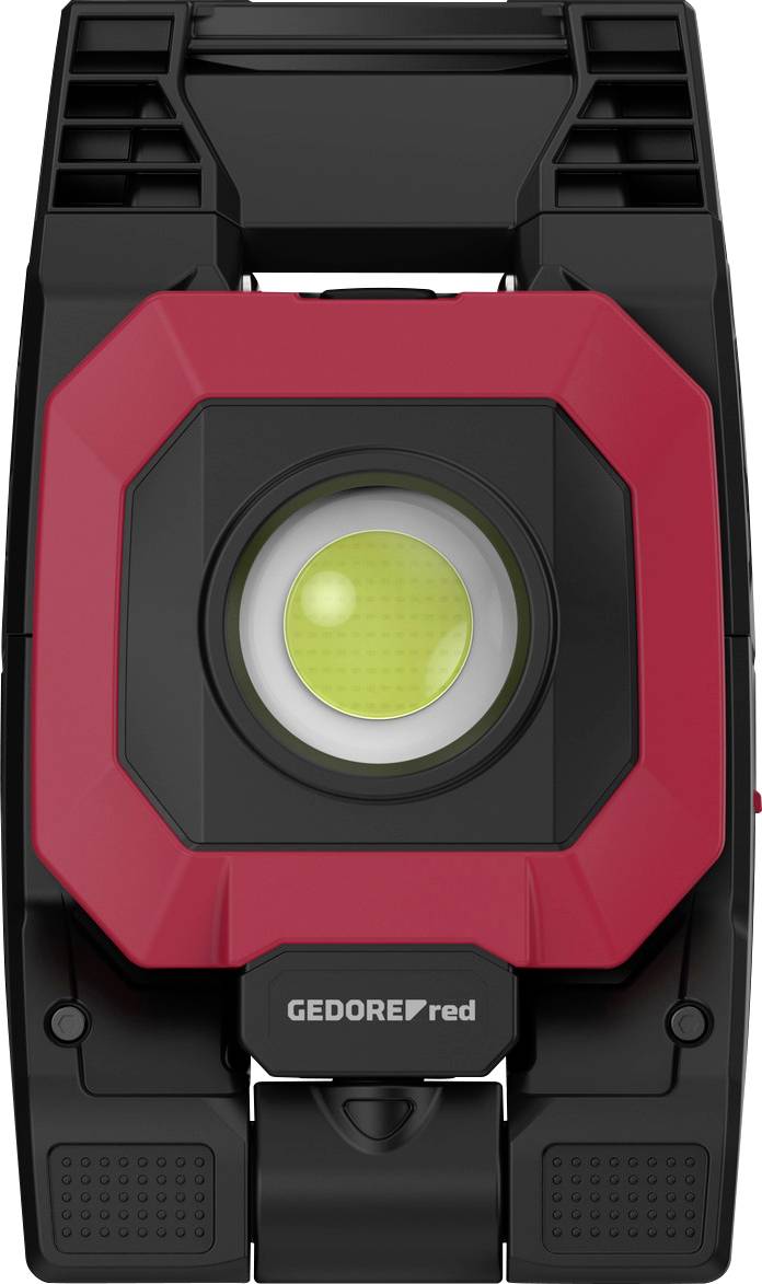 Schwarze und rote LED-Arbeitsleuchte mit einer zentralen runden Linse mit der Beschriftung „GEDORE red