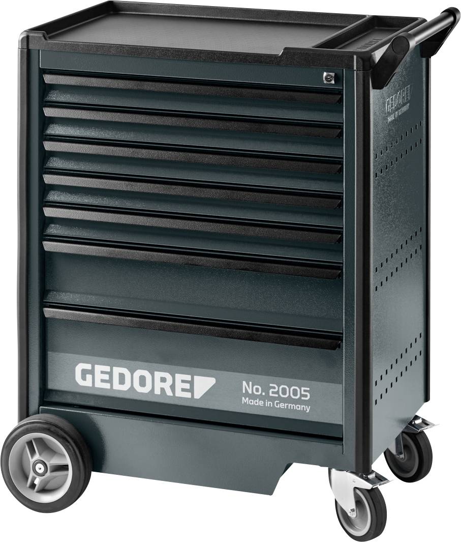 Ein mobiler Werkzeugschrank mit fünf Schubladen, beschriftet mit „GEDORE Nr. 2005 Made in Germany