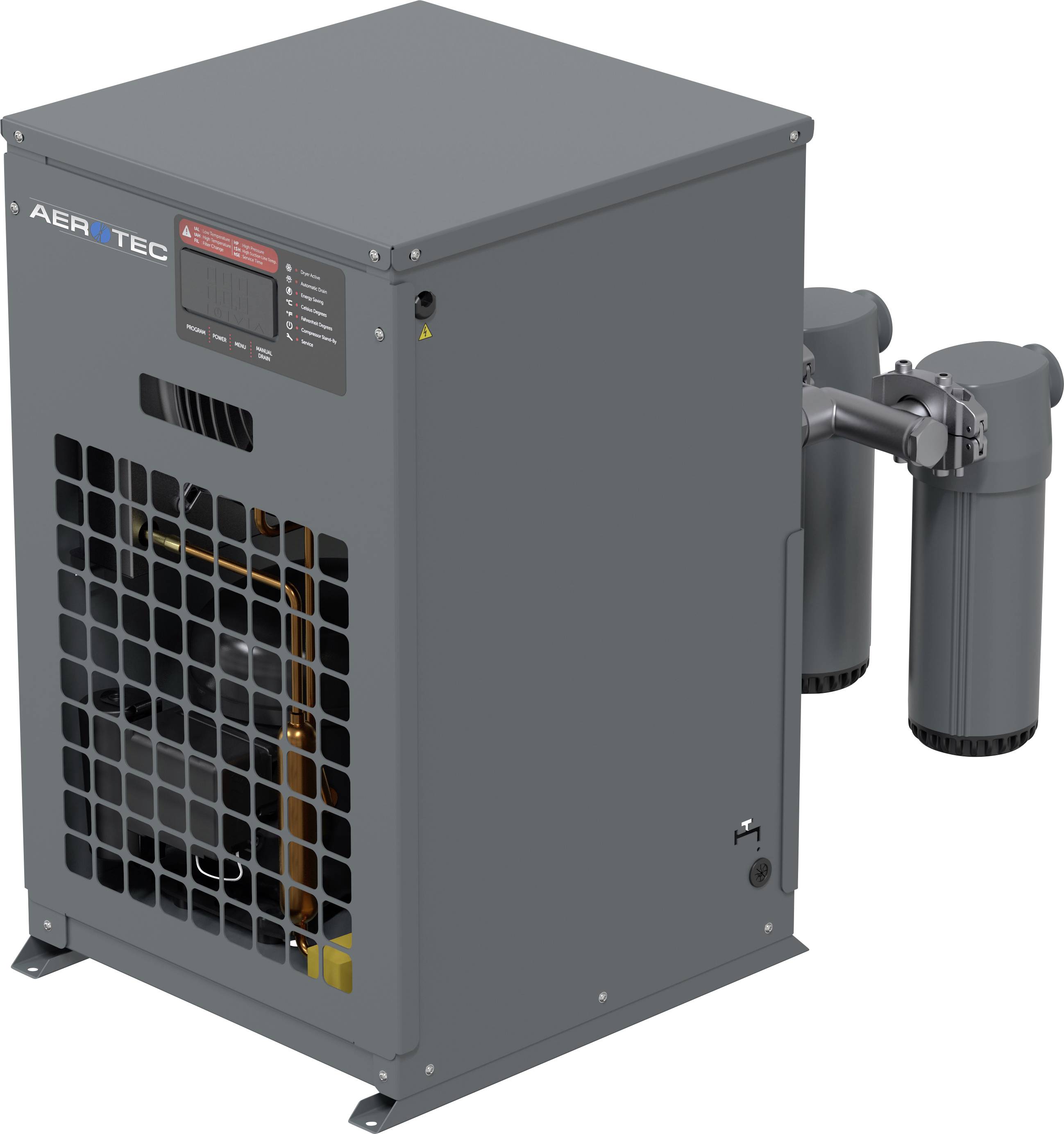 Graue industrielle Luftkompressoranlage mit Frontgitter, Bedienfeld und seitlich angebrachten Filterbehältern.