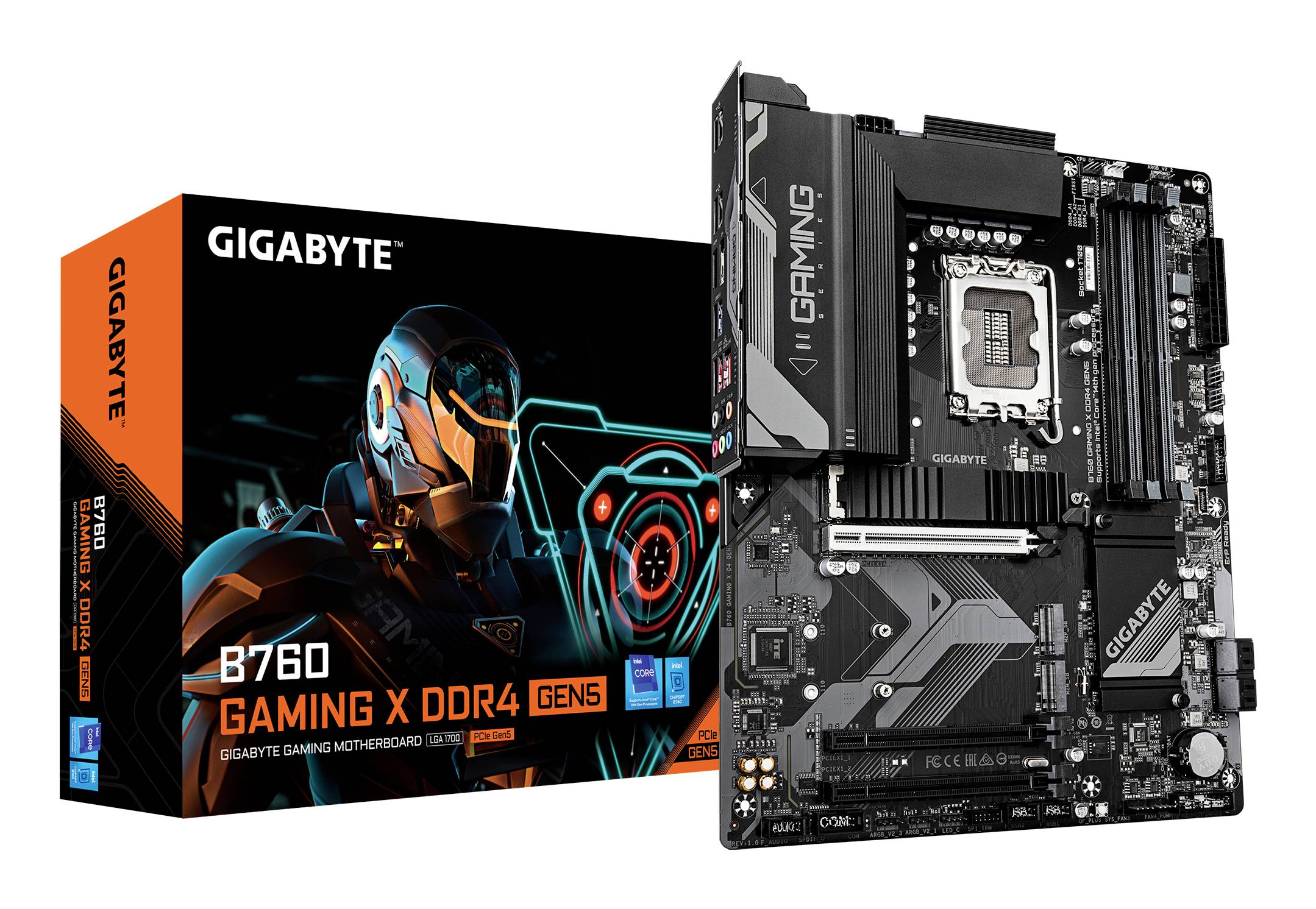 Ein GIGABYTE B760 Gaming X DDR4-Motherboard, das neben seiner Verpackung gezeigt wird. Die Verpackung zeigt futuristische Kunstwerke mit einem orange-blauen Farbschema.