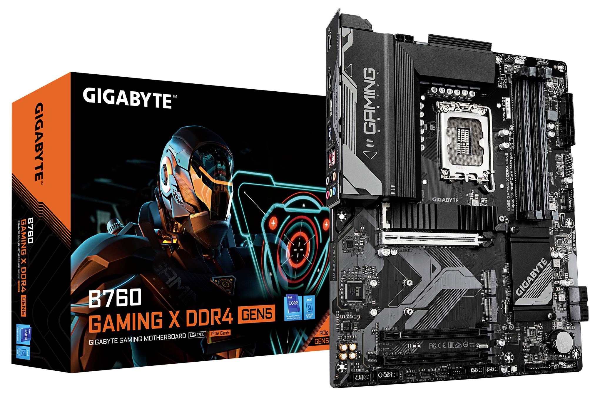Ein Gigabyte B760 Gaming X DDR4 Motherboard wird neben seiner Schachtel gezeigt, die futuristische Roboterkunstwerk aufweist.