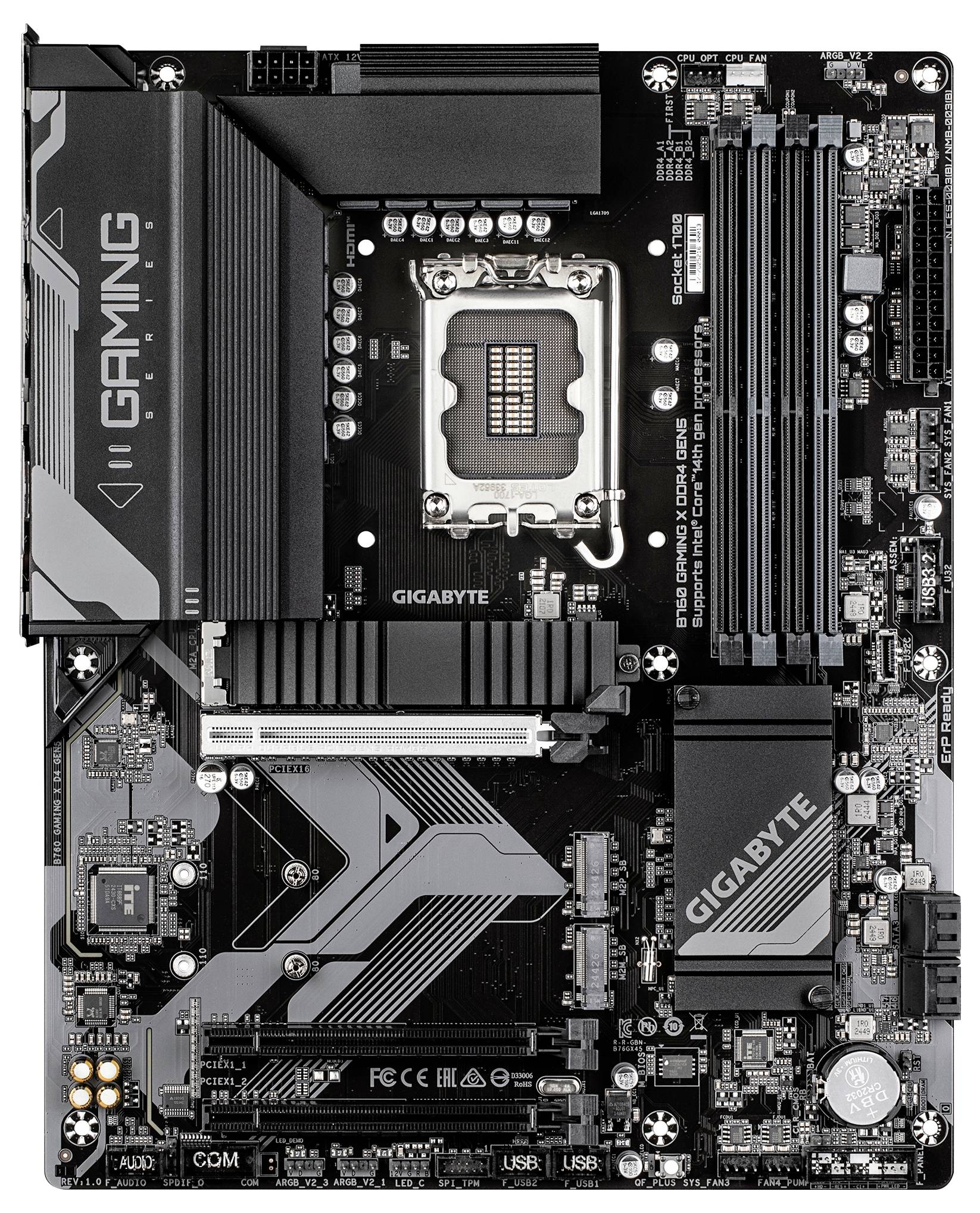 Draufsicht auf ein schwarzes Gaming-Motherboard von Gigabyte mit mehreren Steckplätzen für RAM, PCIe und Konnektoren. Prominentes Branding-Design.
