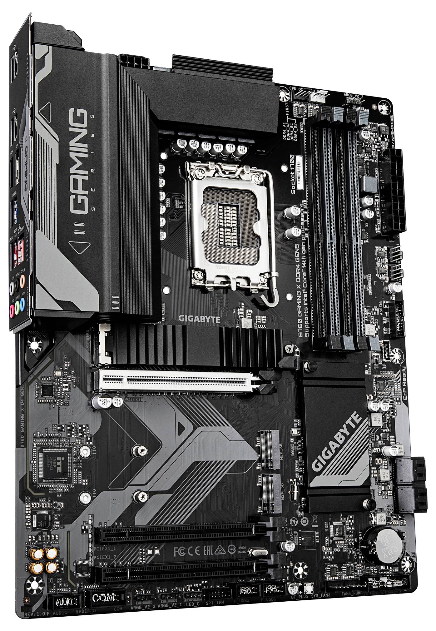 Ein schwarzes Gigabyte-Motherboard mit vier RAM-Steckplätzen, PCIe-Steckplätzen und Anschlüssen. Es unterstützt Intel-Prozessoren und Gaming-Nutzung.