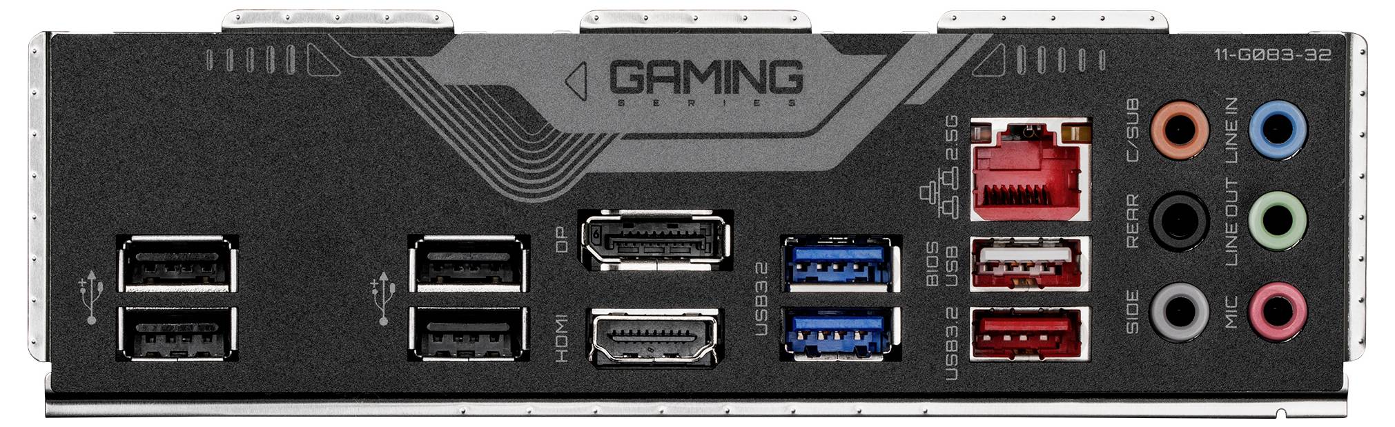 Das Bild zeigt die Rückseite des I/O-Panels einer Gaming-Hauptplatine mit mehreren USB-Anschlüssen, Audiobuchsen, einem Ethernet-Anschluss und HDMI-Ausgängen.
