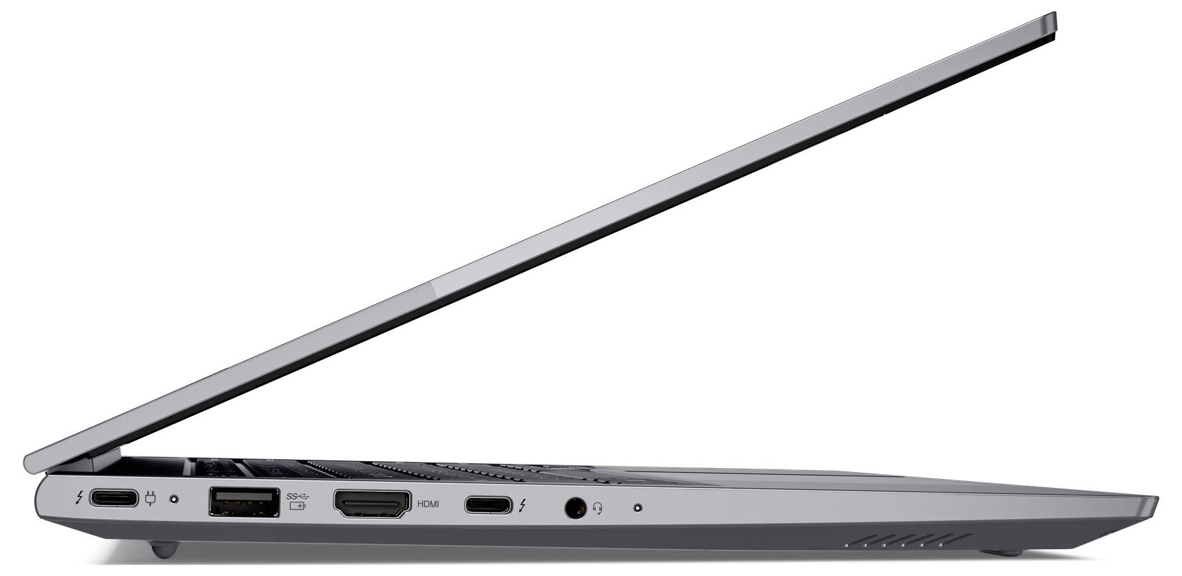 Seitenansicht eines offenen silbernen Laptops, der das schlanke Profil, das Tastaturfeld, die Anschlüsse und das angewinkelt aufgeklappte Display zeigt.