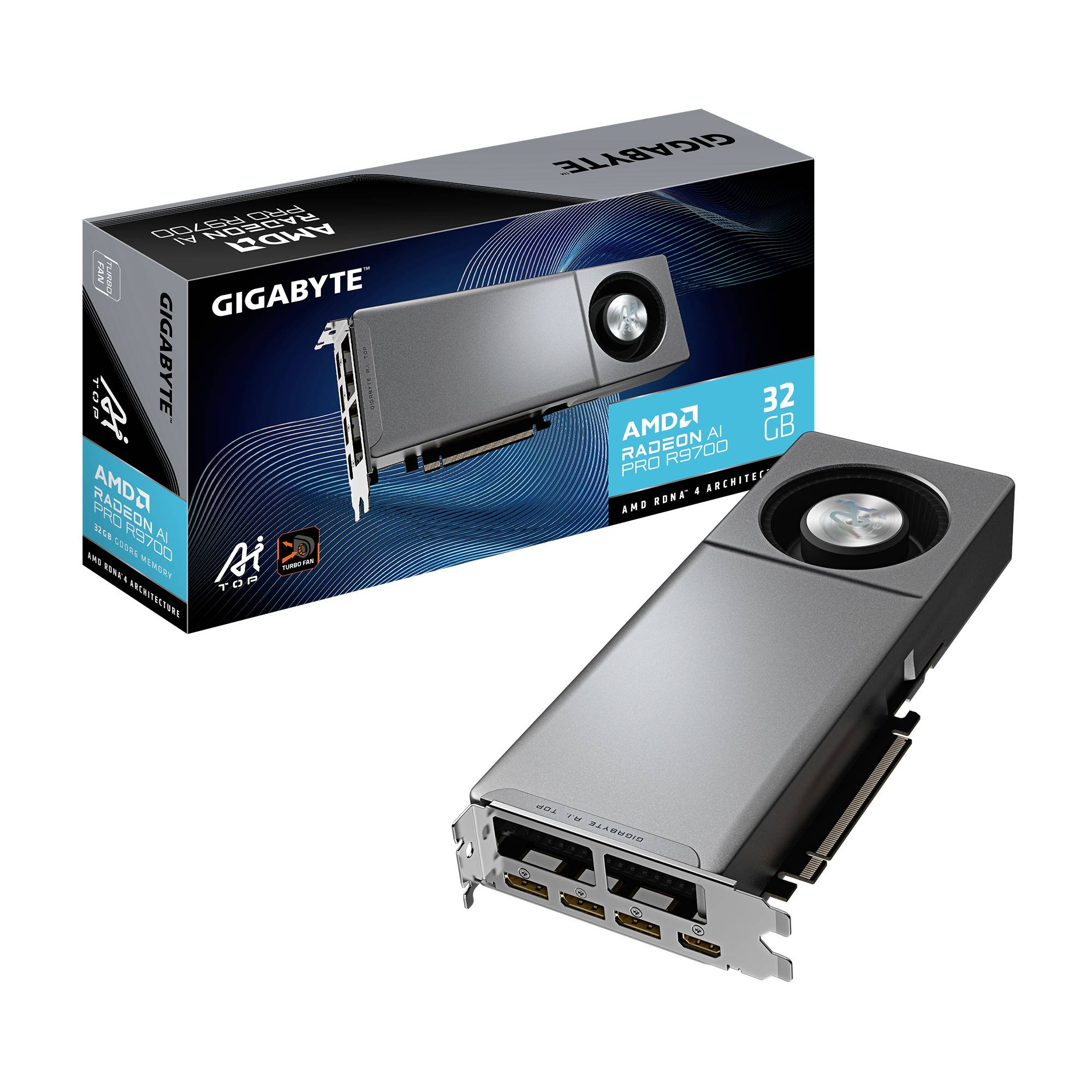 Eine GIGABYTE AMD Radeon Pro W6800 Grafikkarte mit ihrer Verpackung, mit 32GB Speicher, von vorne gezeigt.