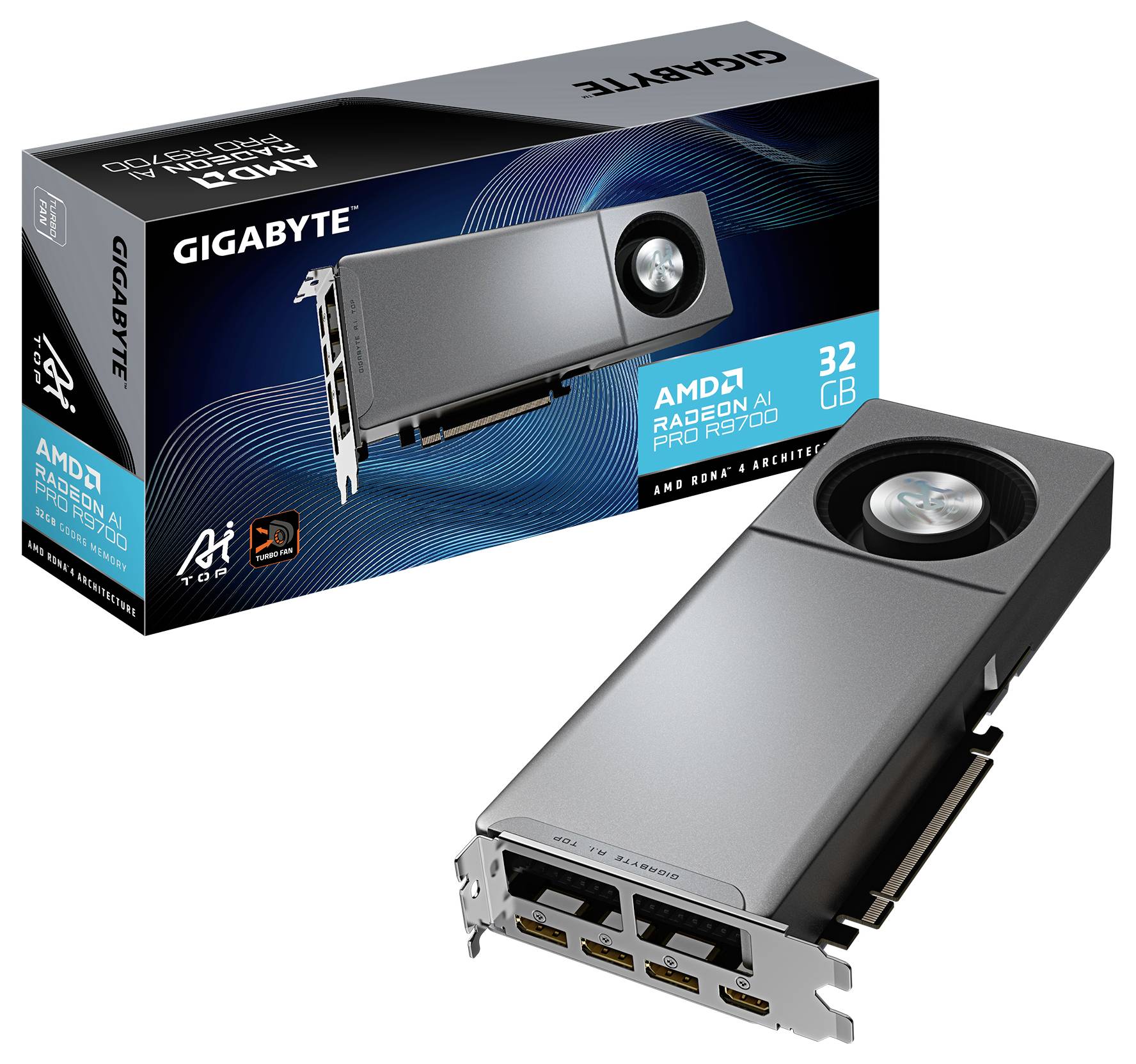Grafikkarten-Produktverpackung und Karte. Gigabyte AMD Radeon PRO W7900 mit 32 GB Speicher. Die Box zeigt ein Kartenbild und Logos.