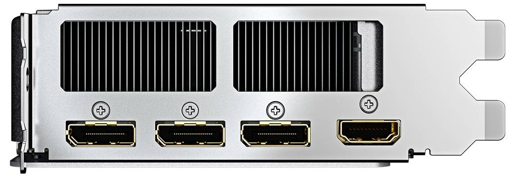 Das Bild zeigt die Rückansicht einer Grafikkarte mit zwei HDMI-Anschlüssen und einem DisplayPort, die zum Verbinden mit Anzeigeräten verwendet werden.
