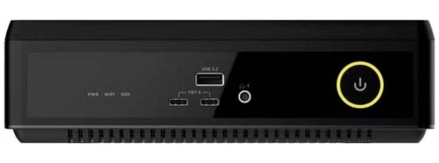 Ein schwarzes rechteckiges elektronisches Gerät mit einem USB-Anschluss, einem Stromschalter und LED-Indikatoren mit den Bezeichnungen „PWR