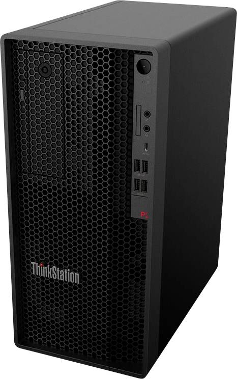 Ein schwarzer Tower-Computer mit einer Mesh-Frontplatte und mehreren Anschlüssen, mit einem Markenlogo in der unteren linken Ecke.