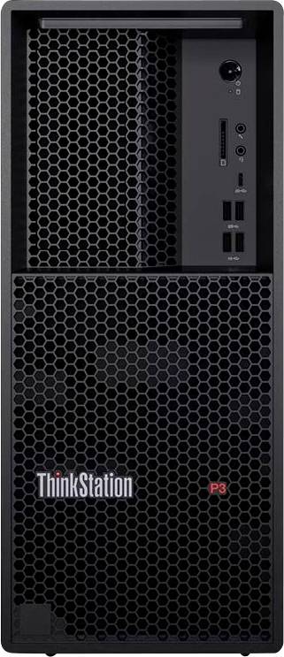 Ein schwarzer Computer-Gehäuse mit sechseckiger Mesh-Vorderseite, mit mehreren Anschlüssen einschließlich USB und Audio. Das Markenlogo befindet sich am unteren Ende.