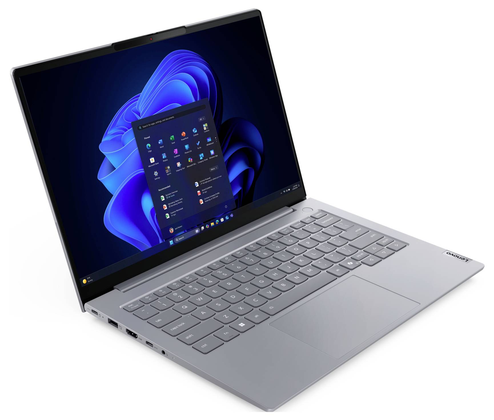 Silberner Lenovo-Laptop in einem Winkel geöffnet, zeigt den Windows 11-Desktop auf dem Bildschirm.