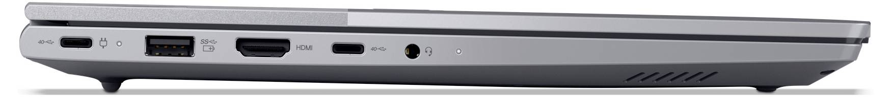 Seitenansicht eines geschlossenen silbernen Laptops mit mehreren Anschlüssen und Lüftungsöffnungen entlang der linken Kante.