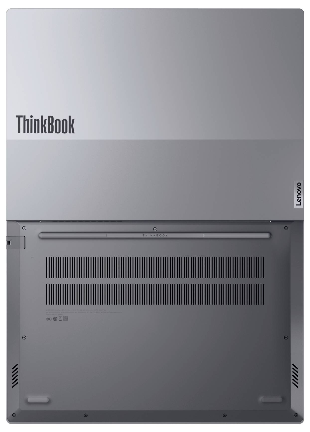 Unteransicht eines Lenovo ThinkBook Laptops in Grau, die das ThinkBook- und Lenovo-Logo, Lüftungsgitter und Gummifüße zeigt.