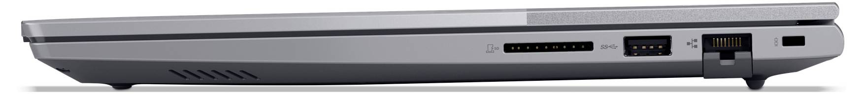 Seitenansicht eines Laptops, die die Rückseite und rechte Kante zeigt, mit sichtbaren Lüftungsöffnungen, Anschlüssen und einem Ethernet-Anschluss.