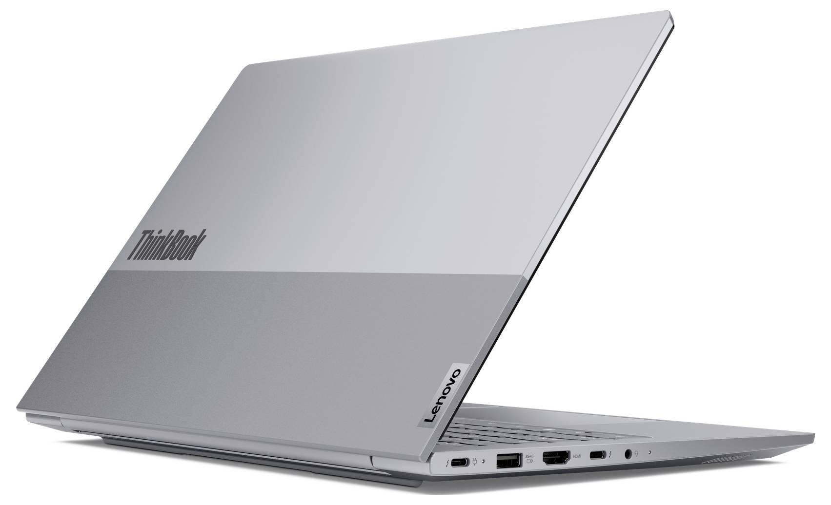 Geschlossener silberner Lenovo ThinkPad Laptop unter einem Winkel dargestellt, mit teilweise geöffnetem Bildschirm und sichtbaren Anschlüssen an der Seite auf weißem Hintergrund.