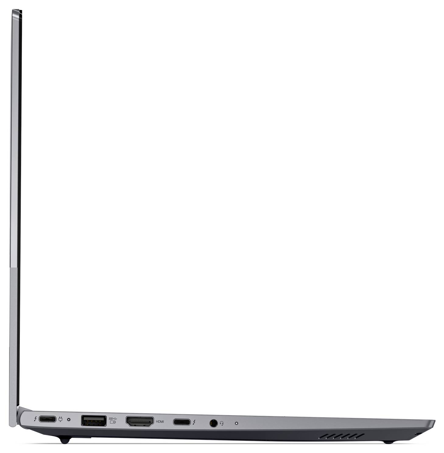 Seitenansicht eines geschlossenen silbernen Laptops, die sein dünnes Profil, das Scharnier, die Anschlüsse und die Tastaturablage zeigt.