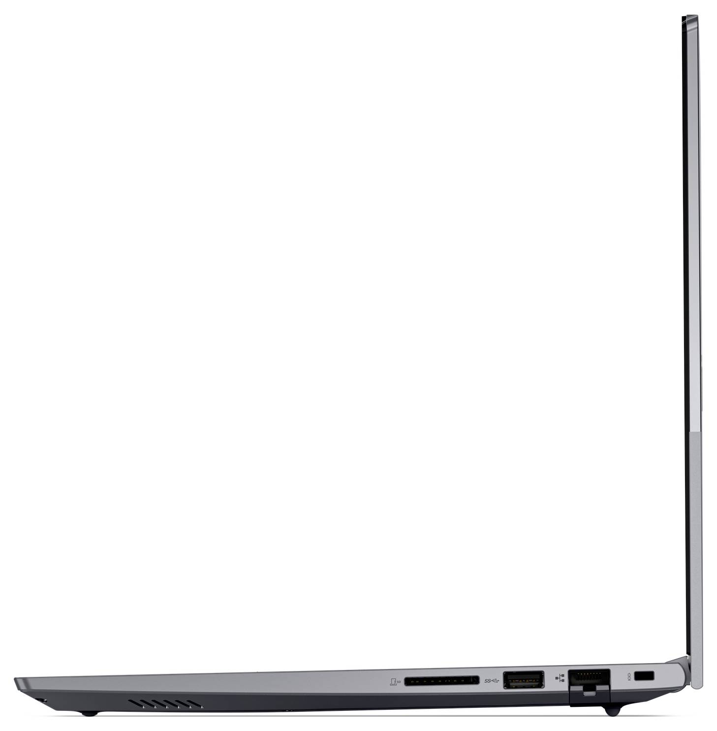 Dünner silberner Laptop, geschlossen von einer Seitenansicht gezeigt, wobei sein schlankes Profil, die Anschlüsse und die erhobene Bildschirmkante betont werden.