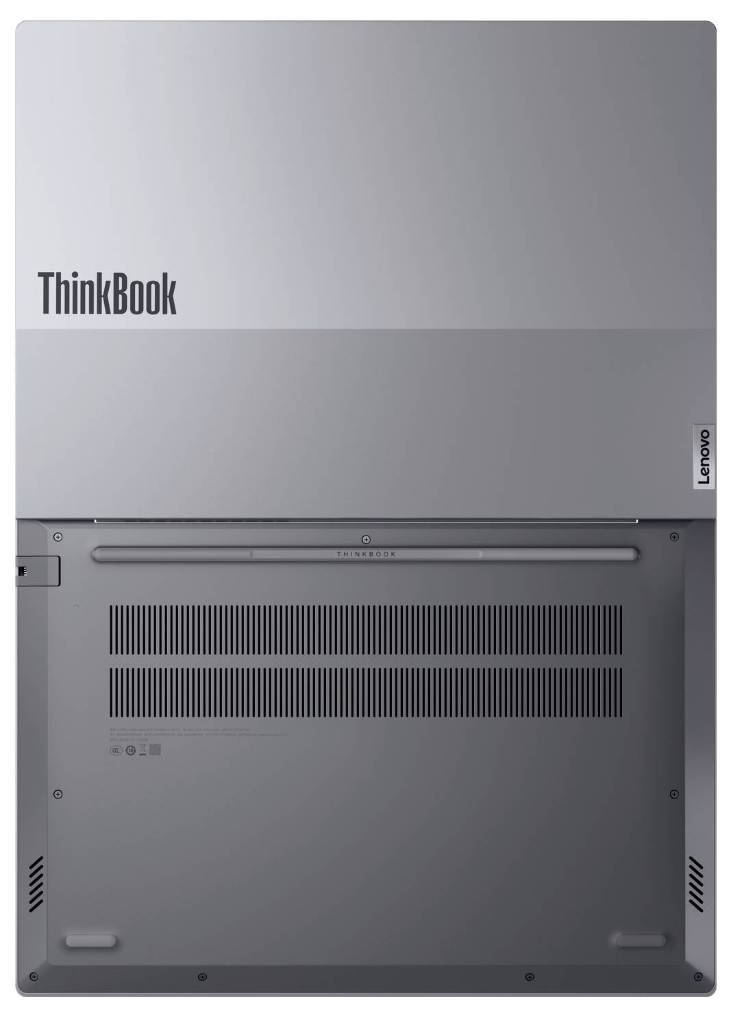 Rückansicht eines Lenovo ThinkBook-Laptops mit silbergrauem Deckel und unterem Lüftungsgitter mit ThinkBook- und Lenovo-Logos.